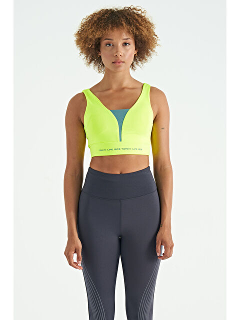 Tommylife Neon Sarı Yazı Baskılı Renk Bloklu Dar Kalıp Dalgıç Kumaş Kadın Büstiyer - 97271 - S000033485-20065