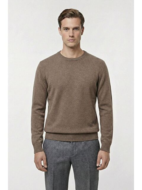 Sabri Özel Vizon Standart Fit Yün Karışımlı Bisiklet Yaka Düz Erkek Triko Kazak - S000523533-26429