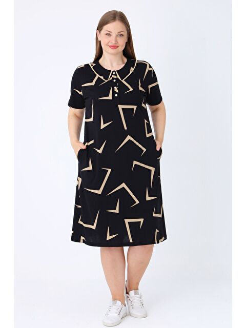 Intensive Kadın Büyük Beden Desenli Pamuklu Dantel Detaylı Düğmeli Cepli Elbise - S000489403-19351