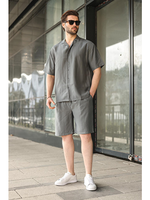 Madmext Füme Kumaş Erkek Şort Gömlek Takım E7352