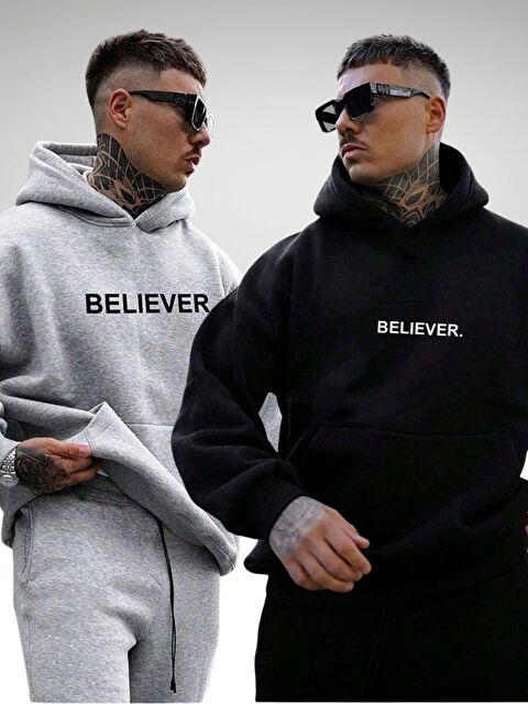 Trendseninle 2Li Set Gri+Siyah Believer Baskılı Pamuklu Oversize Kapüşonlu Sweatshirt Hoodie - S000490874-37287