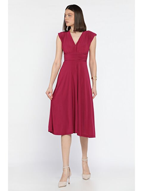 Gülseli Kadın V Yaka Omuz Vatkalı Pileli Kiloş Elbise - S000386526-20036