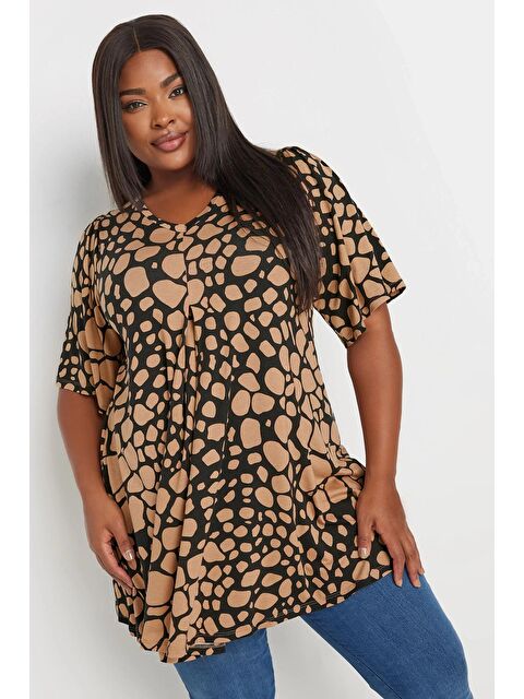 Stil Diva Büyük Beden V Yaka Desenli Asimetrik Kesim Elastanlı Bluz 303438 - S000250647-19413