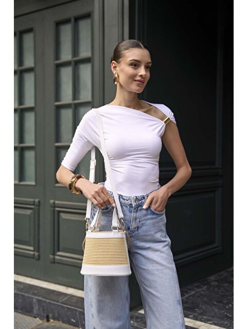 MADAMRA Bohem Tarzı  Kova El Ve Omuz  Çantası Beyaz Hasır - S000451610-20063