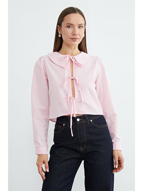 Fullamoda Önden Bağlamalı Bebe Yaka Crop Bluz - S000511079-20024