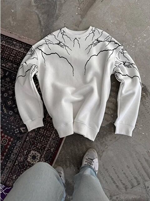 Jane's Yıldırım Baskılı Bisiklet Yaka SweatShirt - Beyaz