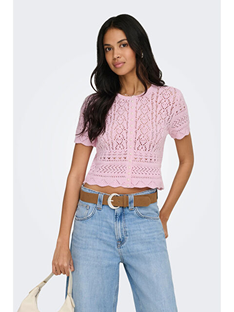 Only Onlelke Pamuklu Cropped Fit İnci Süslemeli Bisiklet Yaka Kadın Triko 15363050