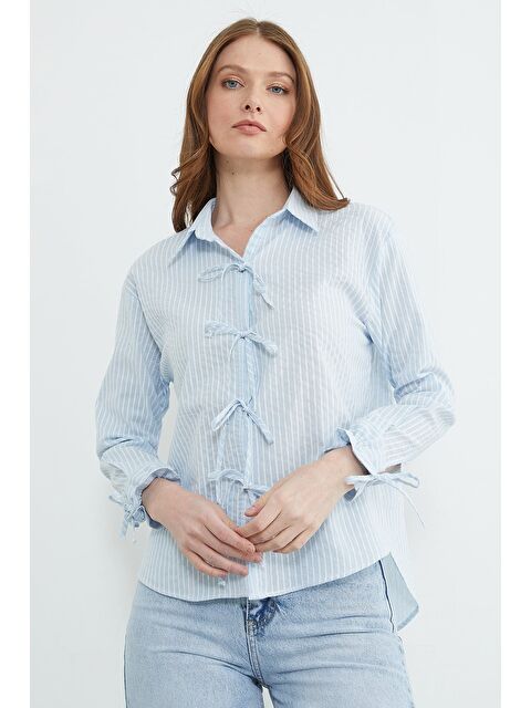 Fullamoda Çizgili Önü Ve Kolları Bağlama Detaylı Gömlek - S000511794-17234