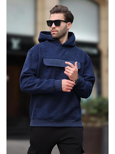 Madmext Lacivert Kapüşonlu Kapaklı Cep Detaylı Polar  Erkek Hoodie 7097 - S000275952-21164