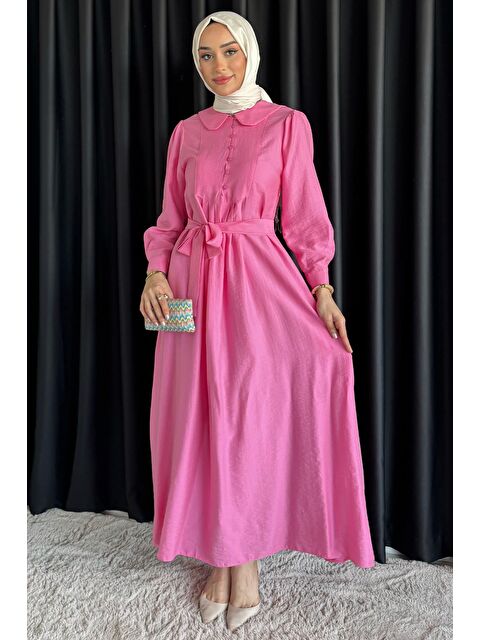 Julude Bebe Yaka Ön Düğme Detaylı Pileli Kuşaklı Tesettür Elbise - S000399691-20024