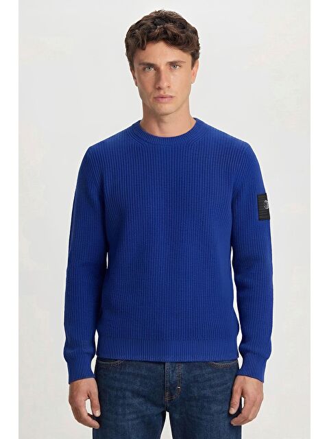 Sabri Özel Giotelli Saks Mavi Regular Fit Yünlü Bisiklet Yaka Triko Kazak