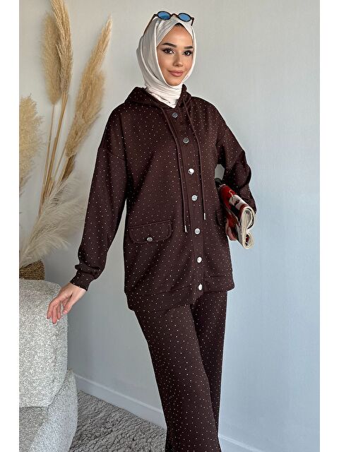 Gülseli Kapüşonlu Taşlı Hırka Pantolon Tesettür İkili Takım - S000482965-19413