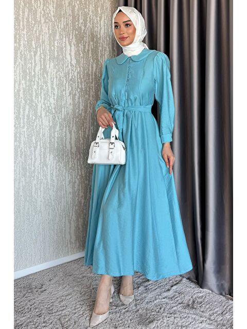 Julude Bebe Yaka Ön Düğme Detaylı Pileli Kuşaklı Tesettür Elbise - S000399691-23093