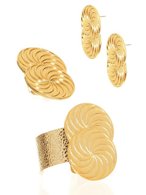 Labalaba Kadın Lak Kaplama Spiral Baskılı Tasarım Küpe &Yüzük &Bilekik Set