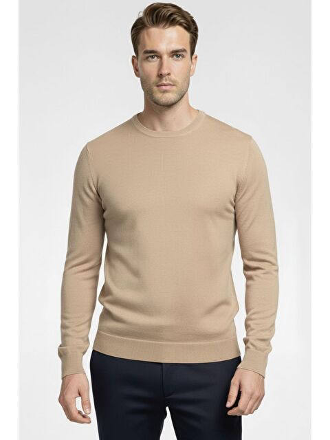 Sabri Özel Bej Regular Fit Pamuklu Bisiklet Yaka Erkek Triko Kazak - S000523553-19928