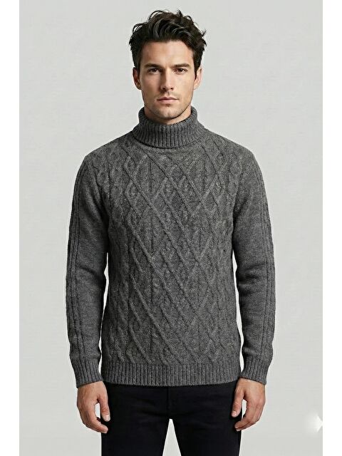 Sabri Özel Antrasit Regular Fit Yünlü Desenli Tam Balıkçı Yaka Triko Kazak