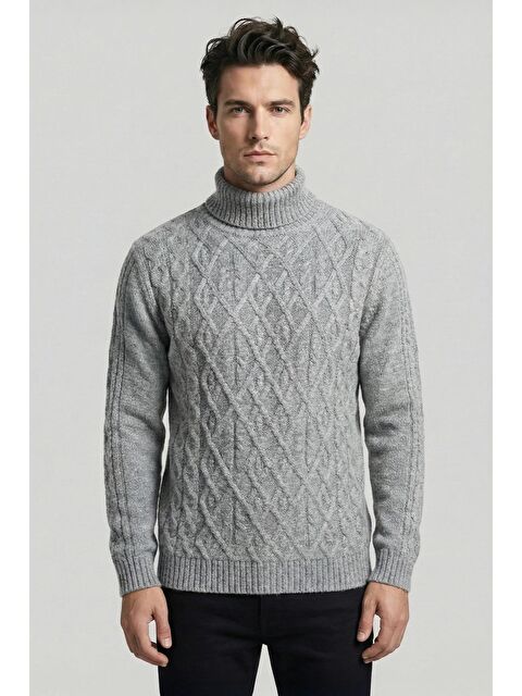 Sabri Özel Gri Regular Fit Yünlü Desenli Tam Balıkçı Yaka Triko Kazak