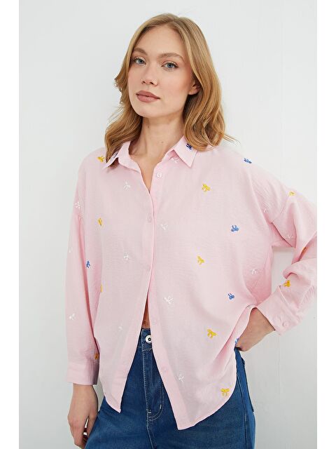 Fullamoda Fiyonk Nakışlı Oversize Gömlek