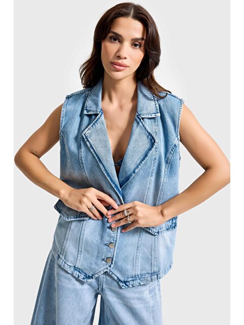 It's Basic Kadın Ice Jean Rengi 4s6-27 Önü Düğmeli Yakalı Sıfır Kol Maxi Boy Denim Yelek - S000490876-17234