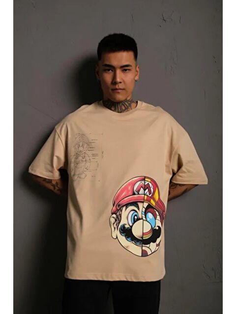 Jane's Erkek Mario Baskılı Oversize T-Shirt - Bej