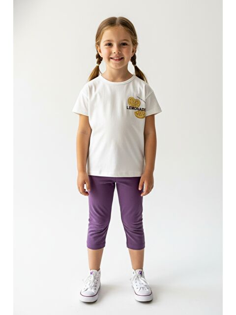 Toontoykids Kız Çocuk 2'li Kapri Tatylı Takım Bisiklet Yaka Kısa Kollu Baskılı Tişört - Beli Lastikli Kapri Tayt