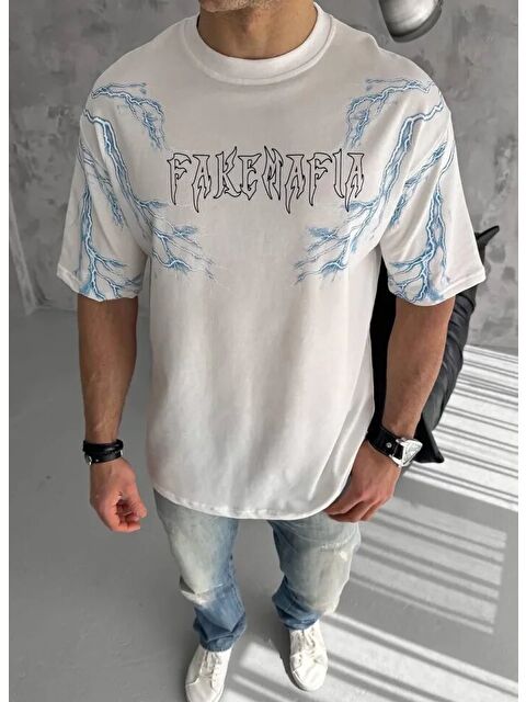 Jane's Unisex Bisiklet Yaka Baskılı Oversize T-Shirt - Beyaz