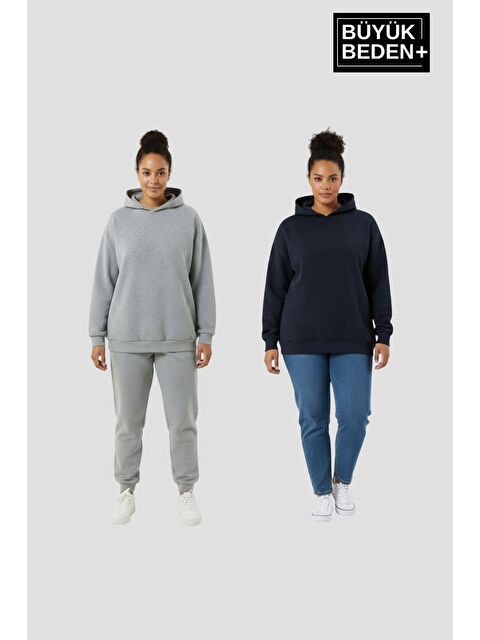 Süperlife Kadın Büyük Beden 2' li Set Kapüşonlu Kollar Ve Etek Ribanalı ince Swatshırt SPR26BSWK957+2