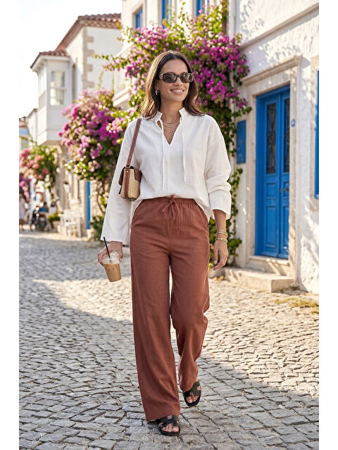 Lela Bağlamalı Yüksek Bel Geniş Paça Rahat Pantolon 6923906