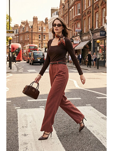 Lela Bol Paça Yüksek Bel Kemerli Pantolon 6923807