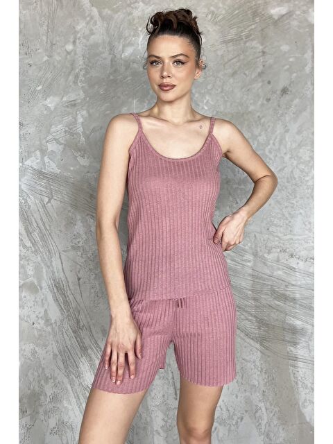 Gülseli Kadın Kendinden Çizgi Desenli Şortlu İkili Takım - S000386506-20028