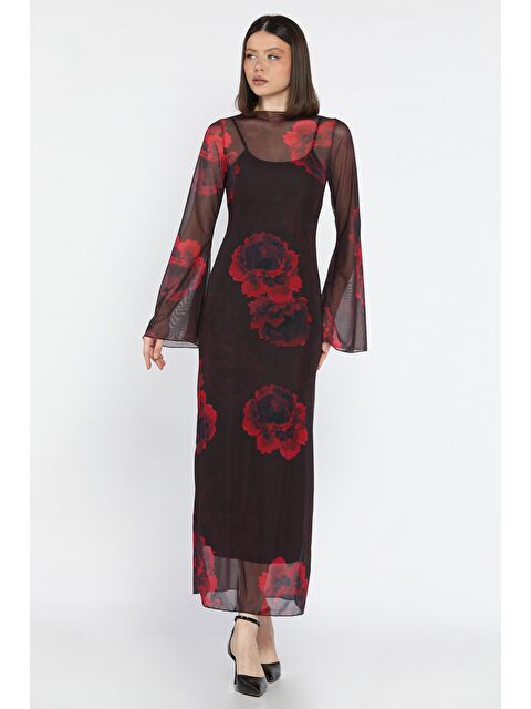 Gülseli Gül Desenli İçlik Kombinli Tül Elbise - S000386511-37434