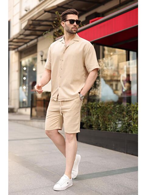 Madmext Bej %100 Pamuklu Erkek Şort Gömlek Takım E7360