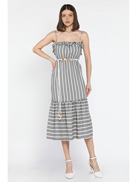Gülseli Kadın Ayarlanabilir Askılı Fırfırlı Hasır Kemerli Çizgi Desenli Elbise - S000379909-20600