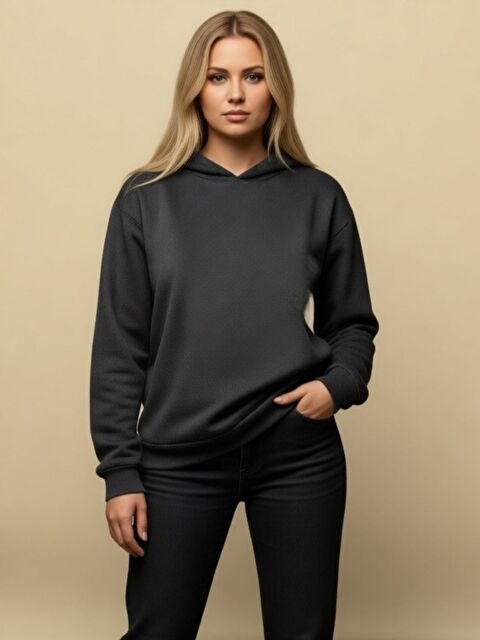 Trendseninle Unisex Düz Kapüşonlu Sweatshirt Hoodie Füme - S000489410-33408