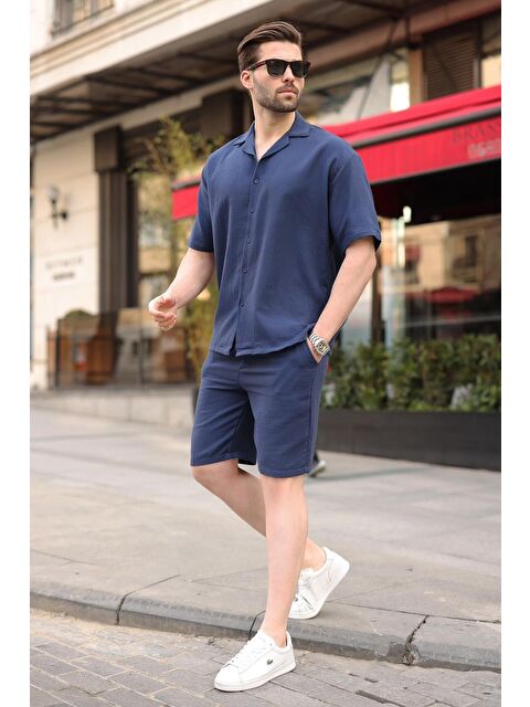 Madmext Lacivert %100 Pamuklu Erkek Şort Gömlek Takım E7360