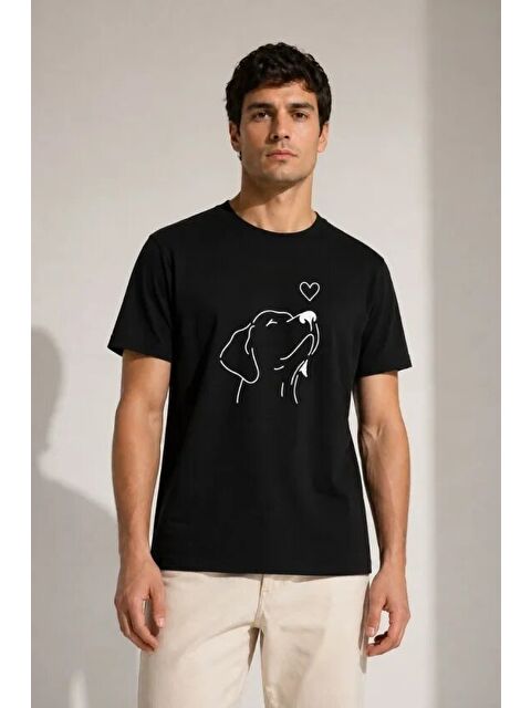 Jane's Erkek Köpek Figürlü Minimal Baskılı Tişört Kısa Kol Yazlık T-Shirt - Siyah