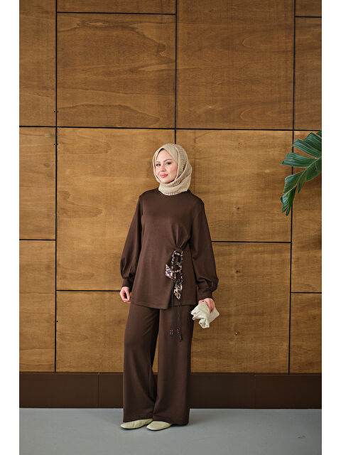 Locco Moda Kadın Kemeri Desenli Takım Kahverengi - S000485785-19413