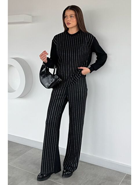 Gülseli Kadın Bisiklet Yaka Taş İşlemeli Kazak Bel Lastikli Pantolon İkili Takım - S000482969-19351