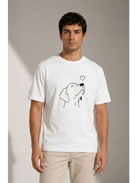 Jane's Erkek Köpek Figürlü Minimal Baskılı Tişört Kısa Kol Yazlık T-Shirt - Beyaz