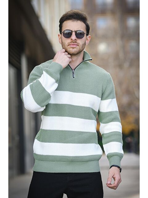 Oksit Bertrand Dik Yaka Fermuarlı Çizgili Pamuklu Kalın Erkek Kazak - S000315021-18194