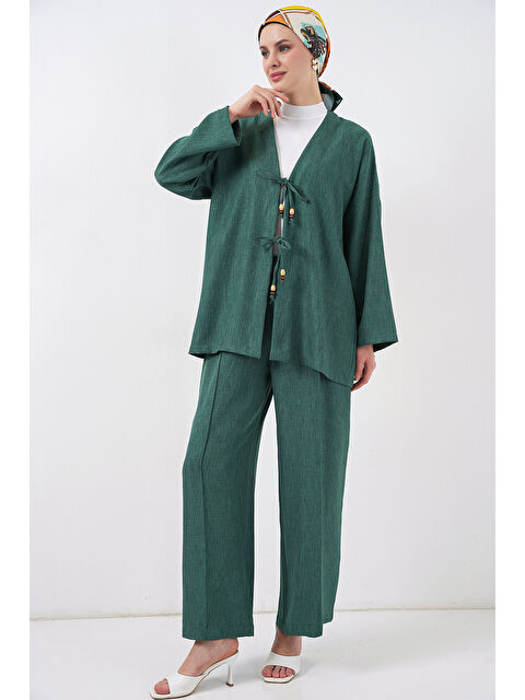 Bigdart Kadın Keten Kimono İkili Takım 6727 - Zümrüt Yeşili - S000377828-18709