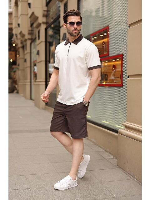 Madmext Ekru %100 Pamuklu Polo Yaka Şort Tişört Takım E7358