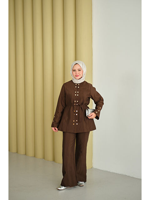 Locco Moda Kadın Gold Çıt Çıt Detay Takım Kahverengi - S000492434-19413