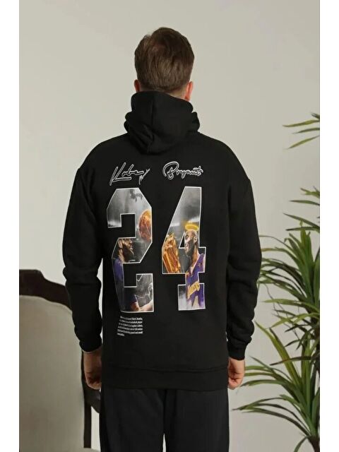 Jane's Erkek Baskılı Oversize Üç İplik Kapüşonlu Sweatshirt - Siyah