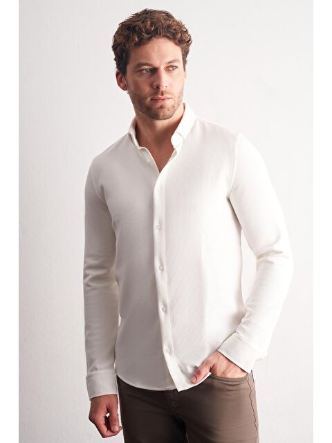 İMZA Beyaz Smart Düğmeli Yaka Uzun Kol Cepsiz Slim Fit Casual Gömlek 1004255167 - S000447876-20063