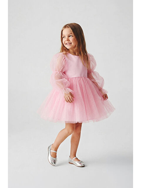 Banamio Pearlie Büzgü Kollu Simli Tül Kız Çocuk Elbise