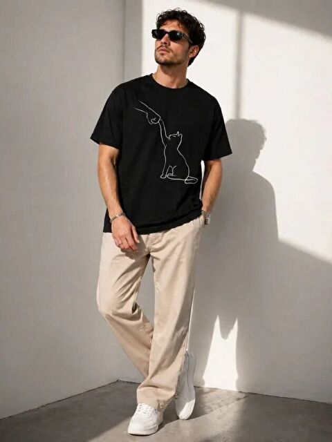 Jane's Erkek Minimal Kedi Çizim Baskılı Tişört Kısa Kol Yazlık T-Shirt - Siyah