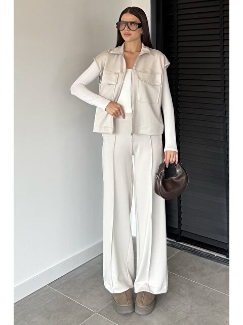 Gülseli Kadın Çift Cepli Yelek Bel Lastikli Çimalı Palazzo Pantolon İkili Takım - S000470243-25636