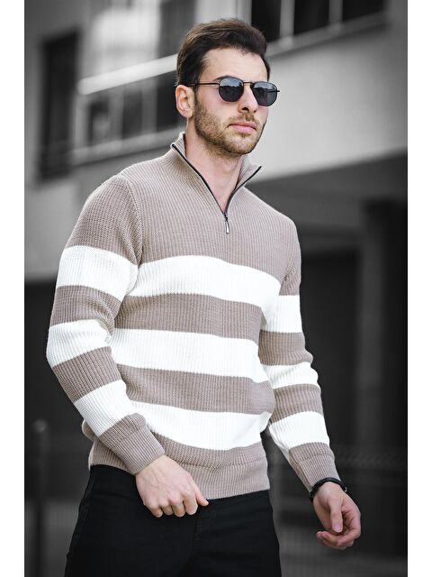 Oksit Bertrand Dik Yaka Fermuarlı Çizgili Pamuklu Kalın Erkek Kazak - S000315021-19413