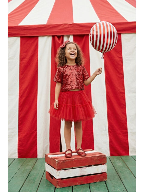 Le Mabelle Kırmızı Üzeri Pul Detaylı Tül Etekli İkili Takım - Freya